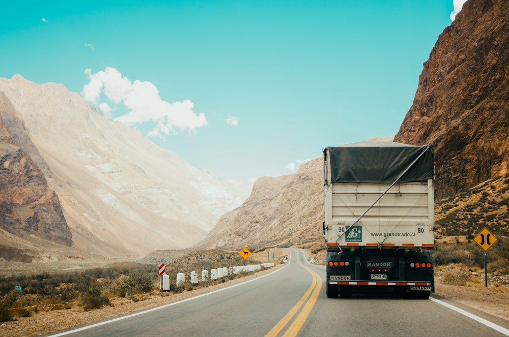 Freight truck transporting goods by road